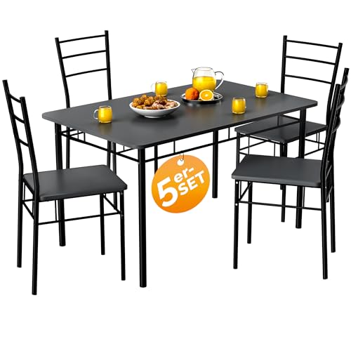 Casaria® Esstisch mit 4 Stühlen Holz 5-TLG Set Metall 110x68cm Industrial Modern Esszimmer Küche Stühle Tisch Möbel Essgruppe Sitzgruppe Leo Anthrazit von Casaria