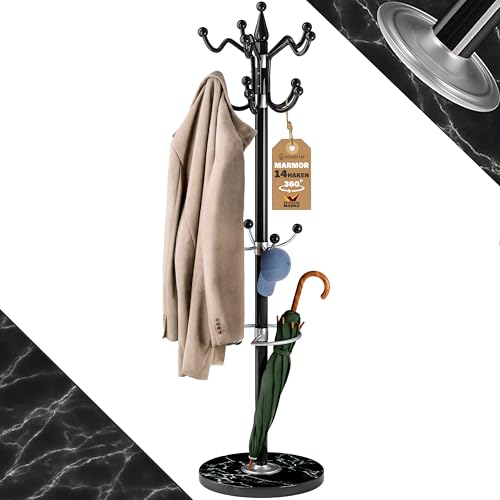 Casaria® Garderobenständer Marmorsockel Metall 14 Haken 360° Drehbar Stabil 37x37x175cm Flur Büro Kleiderständer Kleiderstange Jackenständer Schwarz von Casaria