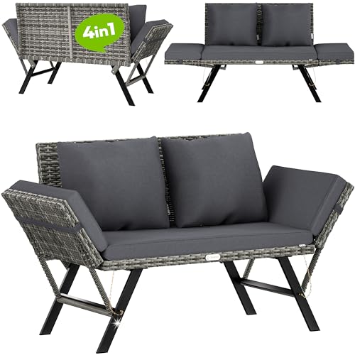 Casaria® Gartenbank Polyrattan mit Liegefunktion Wetterfest Auflage Kissen Verstellbare Armlehnen 3-Sitzer Outdoor Garten Terrasse Balkon Sofa Couch Liege von Casaria