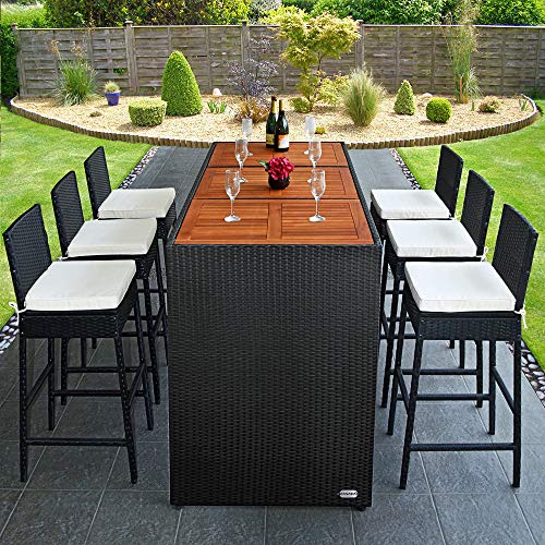 Casaria® Gartenbar Set Polyrattan 185x80x110cm Akazie Holz 7 cm Auflagen Wetterfest Outdoor Theke Bar Barhocker Garten Terrasse Gartentheke Sitzgruppe von Casaria