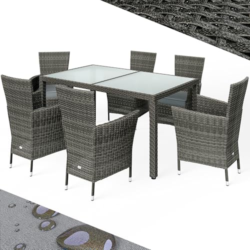 Casaria® Gartenmöbel Set 6 Personen Stühle inkl. 7cm Polster Tisch 150x90cm Balkonmöbel 160kg Belastbar Wetterfest Polyrattan Stapelbar Terrasse Möbel Grau von Casaria