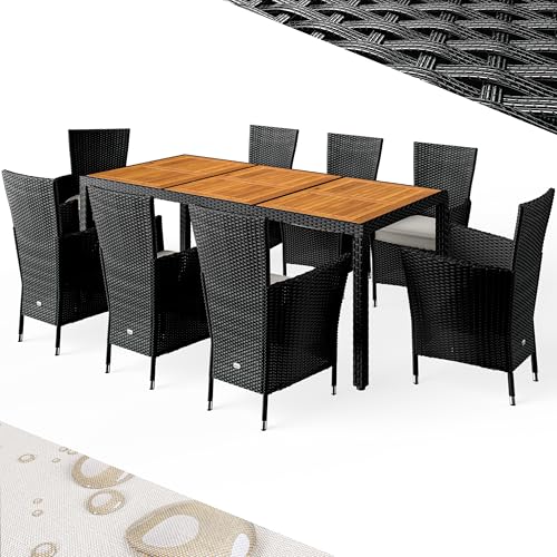 Casaria® Gartenmöbel Set Holz Polyrattan 8 Gartenstühle Stapelbar 190x90cm Gartentisch Akazie Wetterfest Outdoor Terrasse Sitzgruppe Essgruppe Schwarz von Casaria