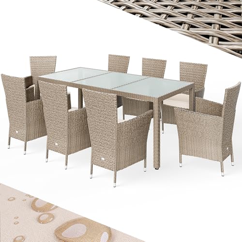 Casaria® Gartenmöbel Polyrattan 8 Stühle Stapelbar 190x90cm Gartentisch Glas Wetterfest Outdoor Modern Terrasse Sitzgruppe Essgruppe Garnitur Set Beige von Casaria