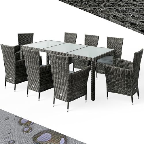 Casaria® Gartenmöbel Polyrattan 8 Stühle Stapelbar 190x90cm Gartentisch Glas Wetterfest Outdoor Modern Terrasse Sitzgruppe Essgruppe Garnitur Set Grau von Casaria