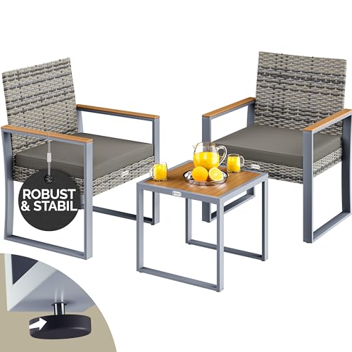 Casaria® Gartenmöbel Polyrattan Set Holz Akazie Wetterfest 2 Stühle Tisch Auflagen 160kg Belastbarkeit Verstellbar Terrasse Balkon Möbel Lounge Grau von Casaria