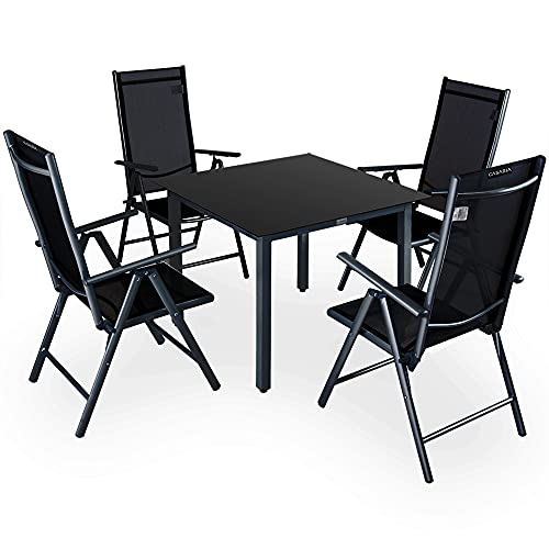 Casaria® Gartenmöbel Set 4 Stühle mit Tisch 90x90cm Aluminium Sicherheitsglas Wetterfest Klappbar Modern Terrasse Balkon Möbel Sitzgruppe Garnitur Bern von Casaria