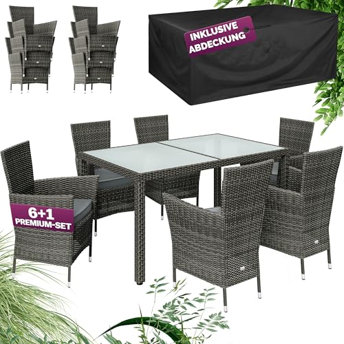 Casaria® Gartenmöbel Set 6 Personen Stühle inkl. 7cm Polster & Abdeckung Tisch 150x90cm Balkonmöbel 160kg Belastbar Wetterfest Polyrattan Stapelbar Terrasse Möbel Grau von Casaria