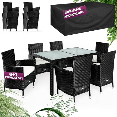 Casaria® Gartenmöbel Set 6 Personen Stühle inkl. 7cm Polster & Abdeckung Tisch 150x90cm Balkonmöbel 160kg Belastbar Wetterfest Polyrattan Stapelbar Terrasse Möbel Schwarz von Casaria