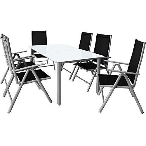 Casaria® Gartenmöbel Set 6 Stühle mit Tisch 150x90cm Aluminium Sicherheitsglas Wetterfest Klappbar Modern Terrasse Balkon Möbel Sitzgruppe Garnitur Bern von Casaria