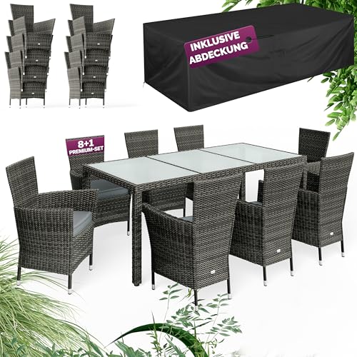 Casaria® Gartenmöbel Set 8 Personen Stühle inkl. 7cm Polster & Abdeckung Tisch 190x90cm 160kg Belastbar Wetterfest Polyrattan Stapelbar Terrasse Möbel Grau von Casaria