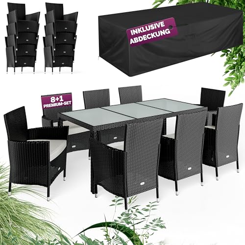 Casaria® Gartenmöbel Set 8 Personen Stühle inkl. 7cm Polster & Abdeckung Tisch 190x90cm 160kg Belastbar Wetterfest Polyrattan Stapelbar Terrasse Möbel Schwarz von Casaria