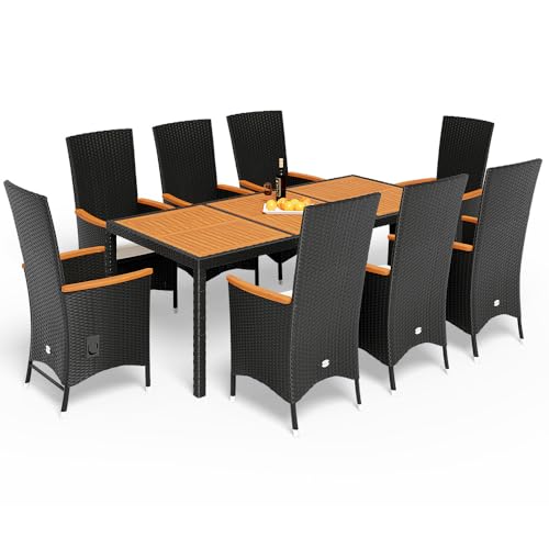 Casaria® Gartenmöbel Set 8 Stühle inkl. 7cm Auflagen mit Tisch 2X Verstellbare Lehne Outdoor Terrassenmöbel Polyrattan Wetterfest Holz Akazie Essgruppe Garten Balkon Lounge von Casaria