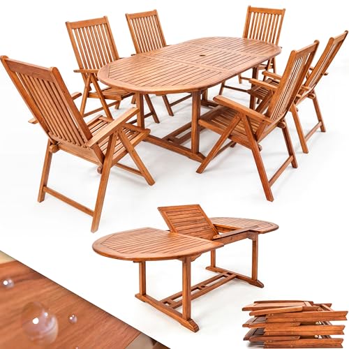 Casaria® Gartenmöbel Set Holz 6 Stühle mit Tisch Wetterfest FSC®-Zertifiziert Schirmständer Armlehnen Klappstühle Garten Terrasse 7-TLG. Eukalyptus von Casaria