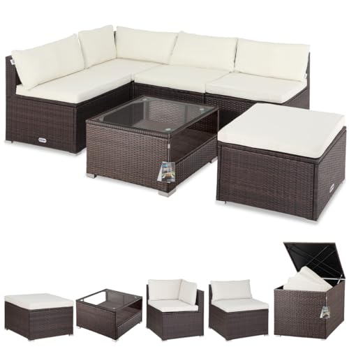 Casaria® Gartenmöbel Set Lounge inkl. Auflagenbox 318L Wetterfest mit Tisch Auflagen Terrassenmöbel Outdoor Polyrattan Garten Balkon Sitzgruppe Braun Creme von Casaria