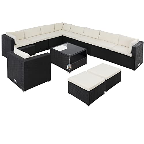 Casaria® Gartenmöbel Set Polyrattan 11 Personen Wetterfest Tisch 5mm Sicherheitsglas Lounge Outdoor Terrasse Eck Sofa Sitzauflagen Schwarz-Creme von Casaria
