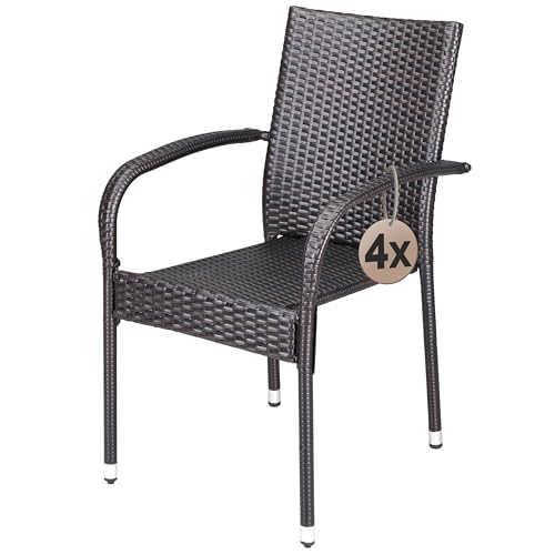 Casaria® Gartenstühle 4er Set Stapelbar Wetterfest Polyrattan Outdoor 160kg Garten Terrasse Balkon Stuhl mit Armlehne Gartensessel Stapelstühle Braun von Casaria