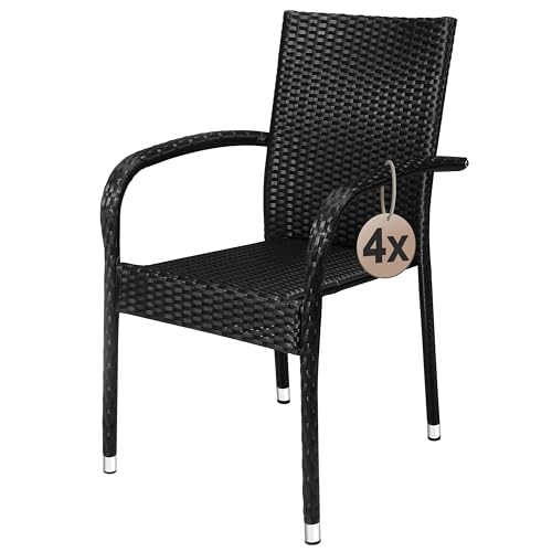 Casaria® Gartenstühle 4er Set Stapelbar Wetterfest Polyrattan Outdoor 160kg Garten Terrasse Balkon Stuhl mit Armlehne Gartensessel Stapelstühle Schwarz von Casaria