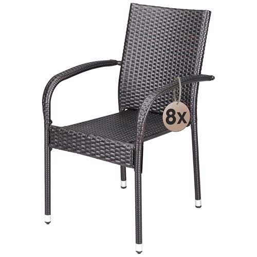 Casaria® Gartenstühle 8er Set Stapelbar Wetterfest Polyrattan Outdoor 160kg Garten Terrasse Balkon Stuhl mit Armlehne Gartensessel Stapelstühle Braun von Casaria