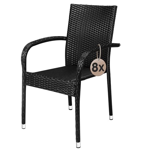 Casaria® Gartenstühle 8er Set Stapelbar Wetterfest Polyrattan Outdoor 160kg Garten Terrasse Balkon Stuhl mit Armlehne Gartensessel Stapelstühle Schwarz von Casaria