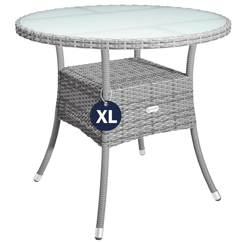 Casaria® Gartentisch Polyrattan Wetterfest Rund Klein 80cm Grau Glas Tischplatte 80kg Belastbar Outdoor Terrasse Balkon Bistro Tisch Beistelltisch von Casaria