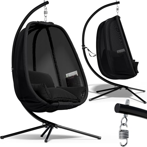 Casaria® Hängesessel Outdoor mit Gestell XXL Hängestuhl 94cm Breit 2 Seitentaschen Kissen Schaukelstuhl 150kg Belastbar Indoor Schwarz Schaukelsessel Stabiler Stand Wetterfest von Casaria