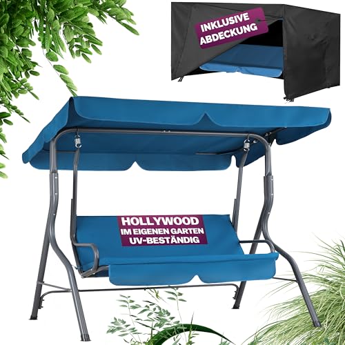Casaria® Hollywoodschaukel 2 Sitzer wetterfest für Balkon Atlantik Blau 200kg Belastbar Dach Anti-Rutsch-Füße Garten Terrasse Schaukel Bank 140x112cm Rückenlehne von Casaria