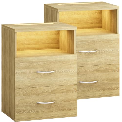 Casaria® Nachttisch 2er Set Touch LED Beleuchtung 40x28x55cm Holz 2 Schubladen Boxspringbett Schlafzimmer Wohnzimmer Beistelltisch Nachtschrank Eiche von Casaria