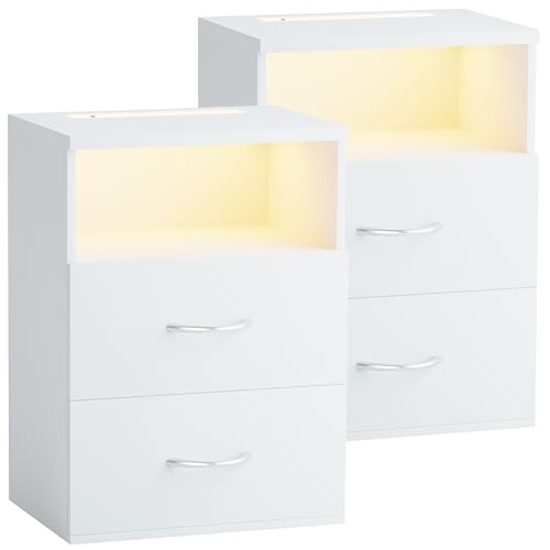 Casaria® Nachttisch 2er Set Touch LED Beleuchtung 40x28x55cm Holz 2 Schubladen Boxspringbett Schlafzimmer Wohnzimmer Beistelltisch Nachtschrank Weiß von Casaria