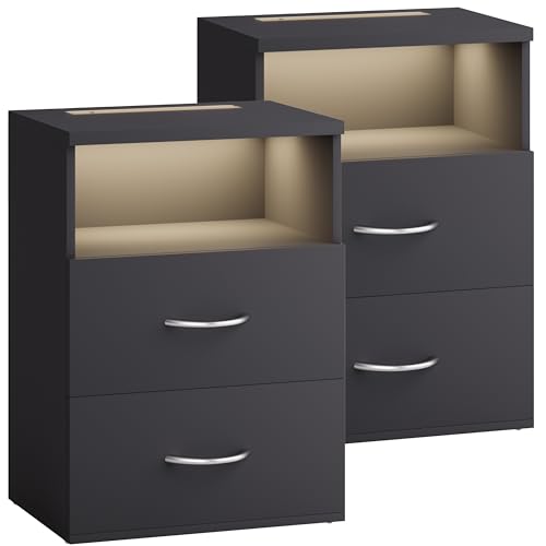 Casaria® Nachttisch 2er Set Touch LED Beleuchtung 40x28x55cm Holz 2 Schubladen Boxspringbett Schlafzimmer Wohnzimmer Beistelltisch Nachtschrank Anthrazit von Casaria