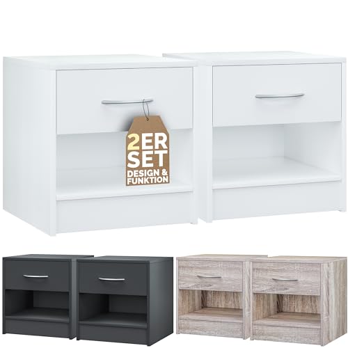 Casaria® Nachttisch 2er Set Weiß mit Schublade 41x 39x 28cm Holz Ablage Modern Schlafzimmer Bett Nachtschrank Nachtkästchen Beistelltisch Nachtkommode von Casaria