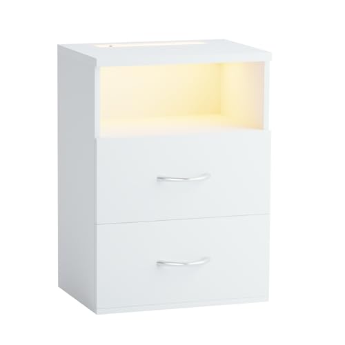 Casaria® Nachttisch Touch LED Beleuchtung 40x28x55cm Dimmbar Holz 2 Schubladen Boxspringbett Schlafzimmer Wohnzimmer Beistelltisch Nachtschrank Weiß von Casaria