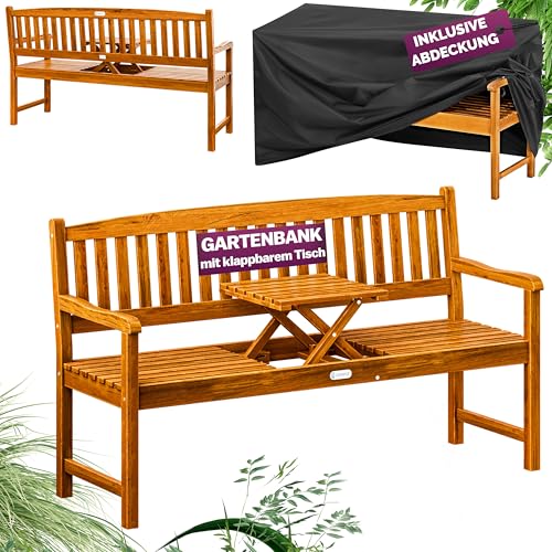 Casaria® Picknick-Gartenbank aus Holz mit Abdeckung, FSC®-zertifiziertes Eukalyptusholz, integrierter Klapptisch, für den Außenbereich, Garten, Terrasse, Balkon, Möbel, 3-Sitzer, Braun, 153 x 57 x 90 von Casaria