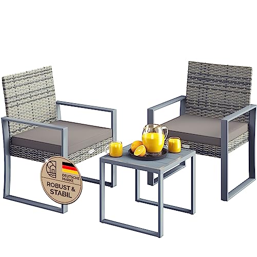 Casaria® Polyrattan Gartenmöbel WPC Tisch 160kg Belastbarkeit 2 Stühle Auflagen höhenverstellbare Füße Wetterfest Terrasse Balkon Möbel Lounge Set Grau von Casaria