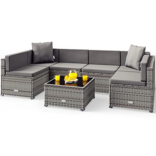 Casaria® Gartenmöbel Set Polyrattan 5 Personen Wetterfest Tisch 5mm Sicherheitsglas Lounge Outdoor Terrasse Eck Sofa Sitzauflagen Grau-Anthrazit von Casaria