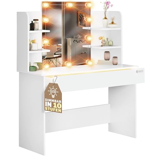 Casaria® Schminktisch mit Spiegel LED Beleuchtung Fernbedienung Schublade Beleuchtet Organizer Weiß Frisiertisch Ablagen 110x40cm Kosmetiktisch Holz von Casaria