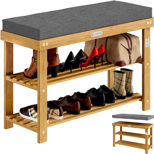 Casaria® Schuhbank mit Sitzfläche 90x30x48cm FSC®-zertifiziertes Akazien Holz 5cm Polsterauflage abnehmbar Schuhregal Sitzbank Stauraum Schuhschrank von Casaria