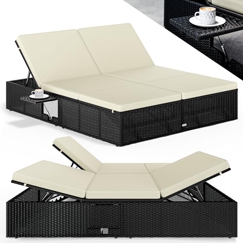 Casaria® Sonnenliege Doppelliege 2 Personen Klapptisch Wetterfest 7-Fach Verstellbar Polyrattan Liegestuhl Garten Relaxliege Schwarz Creme 200x160cm von Casaria