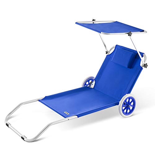 Casaria® Strandliege Kreta klappbar 2 Räder UV-beständig Kopfpolster Sonnendach Garten Sonnenliege Klappliege 115kg belastbar Alurahmen Liege Blau von Casaria