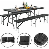 Bierzeltgarnitur 180 cm Klappbar Rattan Optik Kunststoff 2x Bierbank 1x Breiter Tisch Biertischgarnitur Festzeltgarnitur Campingtisch Schwarz von Casaria