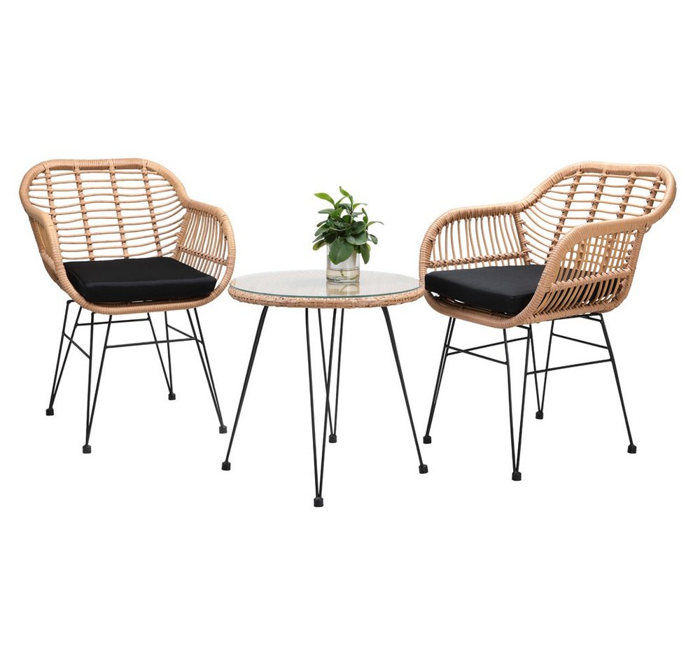 Casaria Balkonset Bali, (3-tlg), Rattan-Optik 5cm Auflagen Wetterfest Sicherheitsglas Höhenverstellbar von Casaria