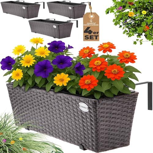 Casaria® Blumenkasten 4er Set 11 Liter Montagehalterung Indoor Outdoor Geländerkasten Balkonkasten Pflanzkasten braun von Casaria