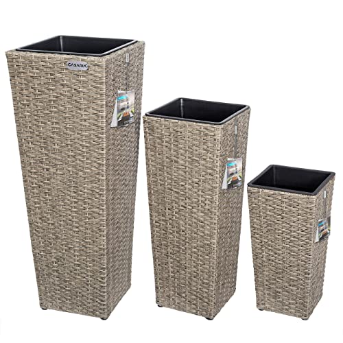 Casaria® Blumentopf 3er Set Polyrattangeflecht Übertopf Wasserabfluss Rattanoptik Outdoor Pflanzkübel Blumenkasten Creme von Casaria