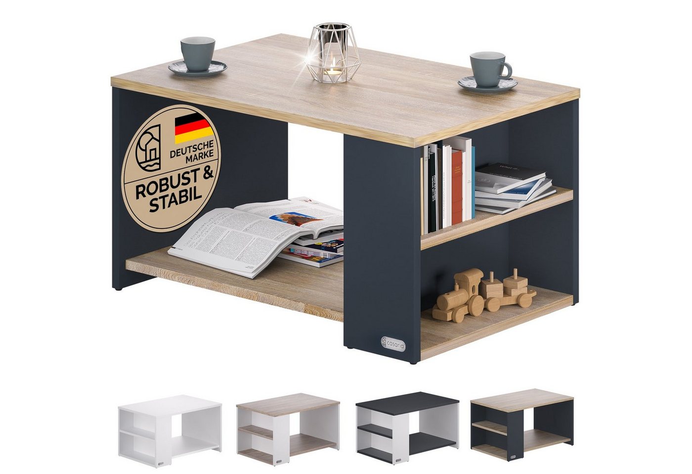 Casaria Couchtisch Santa Cruz, mit Ablage 2 Fächer 90x59x48cm Kratzfest Holz 50kg Belastbar Modern von Casaria