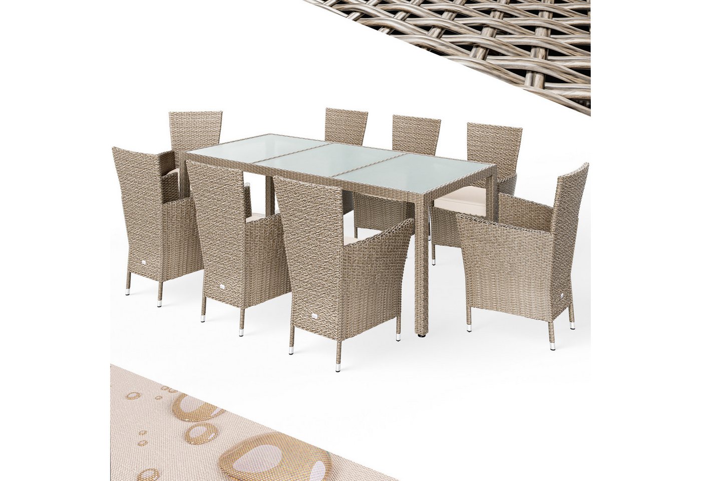 Casaria Garten-Essgruppe, (9-tlg), Polyrattan 8 Stühle Stapelbar 190x90cm Gartentisch Glas Wetterfest von Casaria