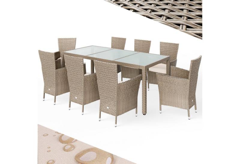 Casaria Garten-Essgruppe, (9-tlg), Polyrattan 8 Stühle Stapelbar 190x90cm Gartentisch Glas Wetterfest von Casaria