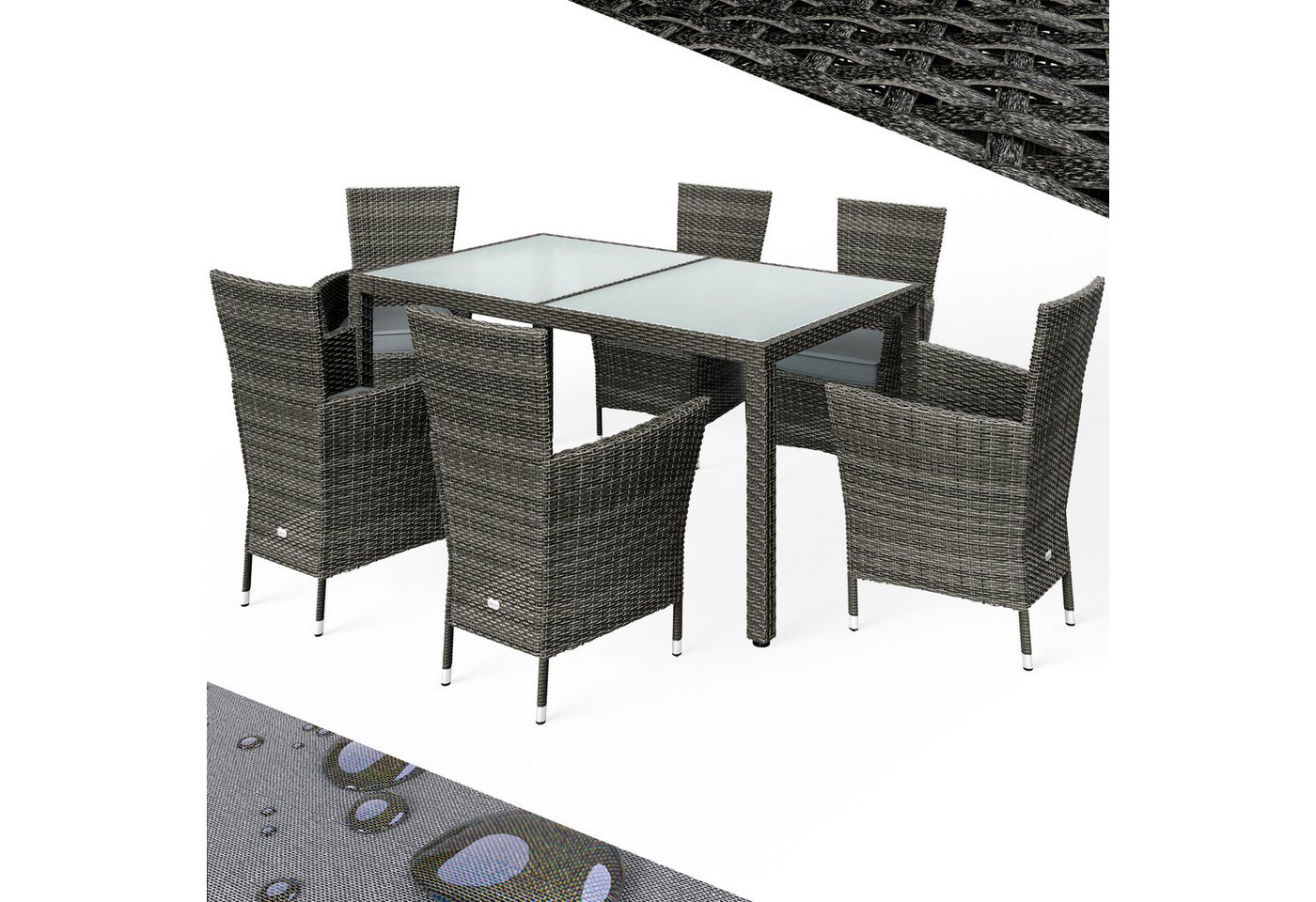 Casaria Garten-Essgruppe, (7-tlg), Gartenmöbel Set 6 Stühle inkl. 7cm Polster Tisch 150x90cm grau von Casaria