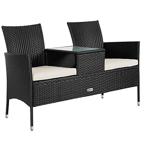 Casaria® Gartenbank Wetterfest Polyrattan Tisch Auflagen 320kg Belastbarkeit UV-beständig Garten Balkon Bank Sitzbank 2-Sitzer 143x55x88cm Schwarz von Casaria