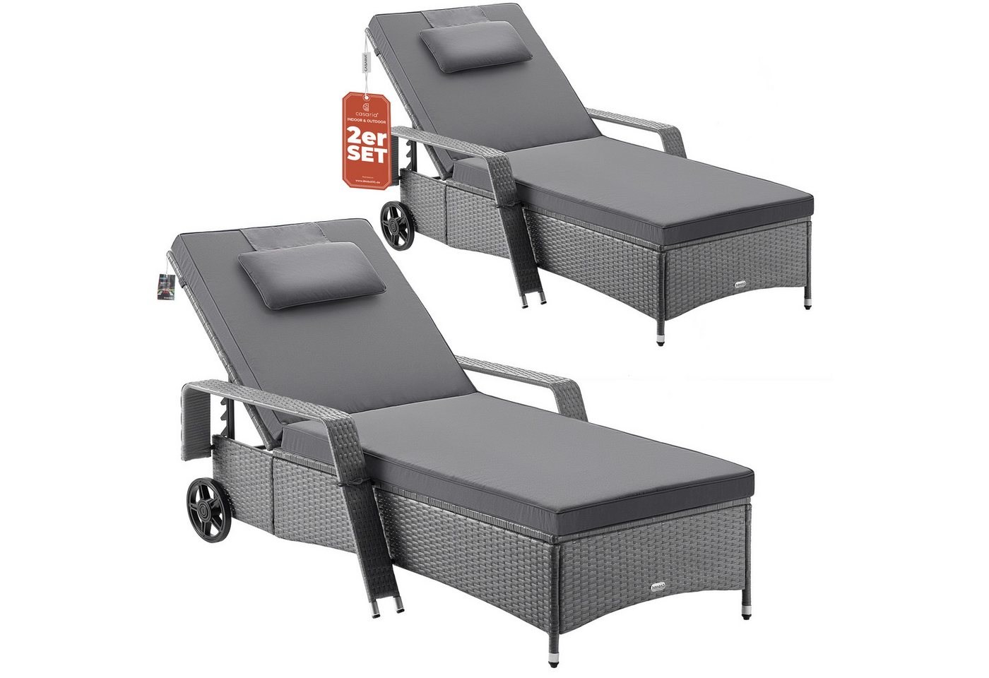 Casaria Gartenliege, 2x Sonnenliege 165kg Belastbar inkl. 7cm Auflage Rollen Polyrattan von Casaria
