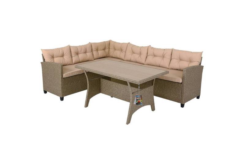 Casaria Gartenlounge-Set Lissabon, Polyrattan WPC Esstisch Eckbank 15cm Kissen 7cm Auflagen Wetterfest von Casaria