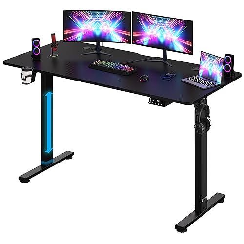 Casaria® Höhenverstellbarer Schreibtisch 140x60 cm elektrisch mit Kopfhörerhalter Tassenhalter Modern Büro Gaming PC Computer Tisch Schwarz Carbon-Optik von Casaria